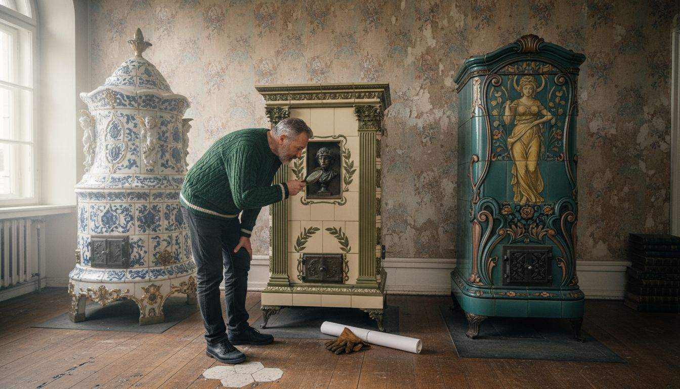 Ein Besucher begutachtet und vergleicht drei historische Kachelöfen.