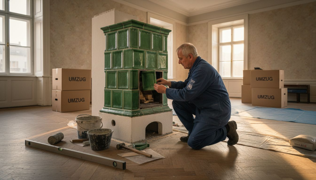 Ein erfahrener Ofenbauer setzt einen historischen Kachelofen fachgerecht in einem Altbau ein.
