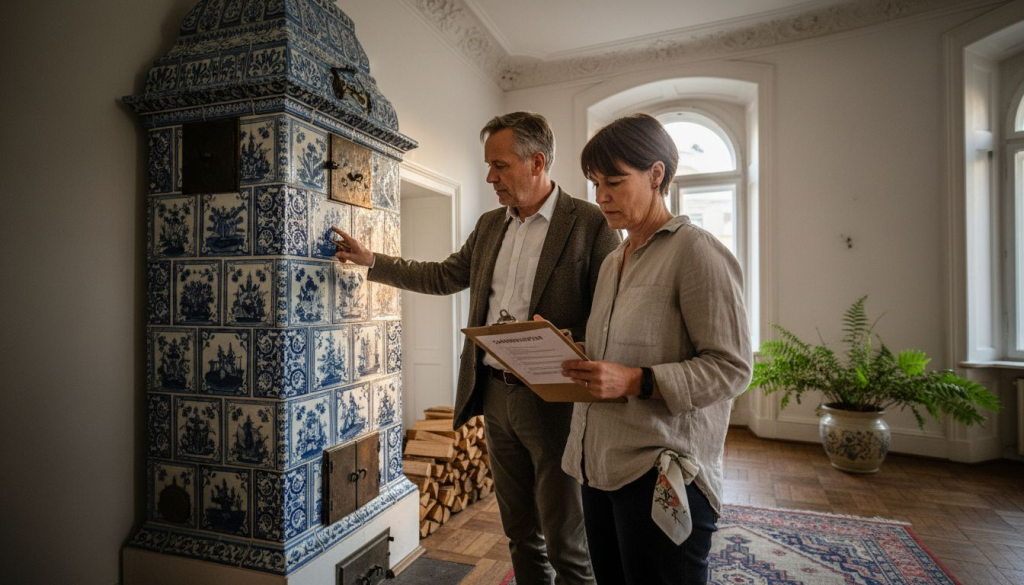 Ein Paar begutachtet gemeinsam einen antiken Kachelofen.