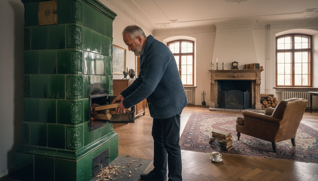 Gemütliches Wohnzimmer mit traditionellem Kachelofen und offenem Kamin – der perfekte Ort für entspannte Stunden am Feuer.