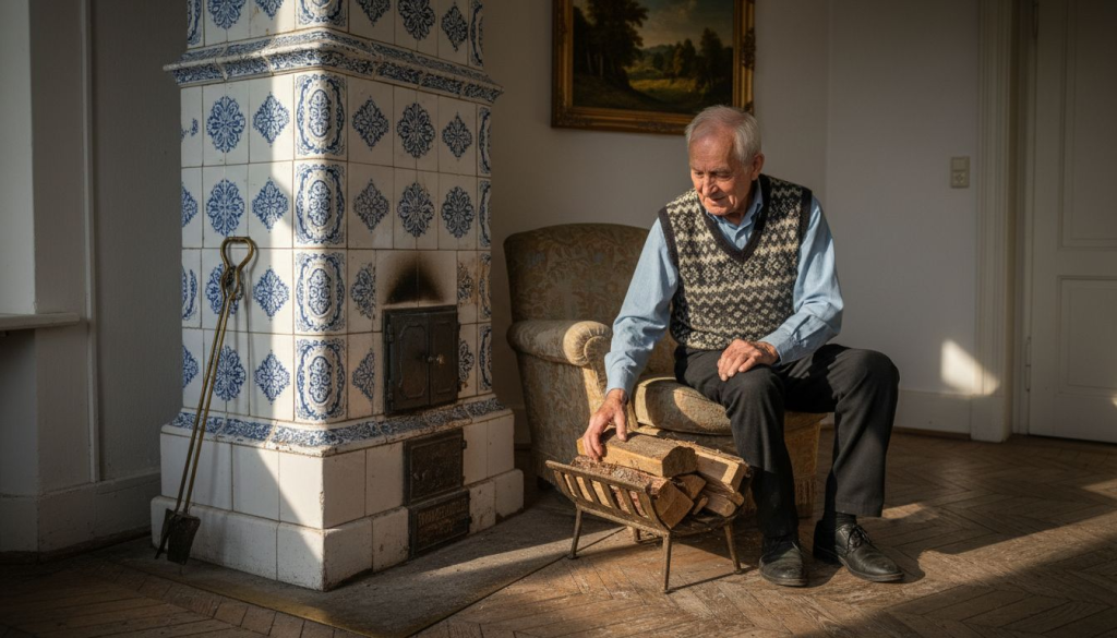 Gemütliche Wohnzimmerszene mit einem alten Kachelofen als Mittelpunkt