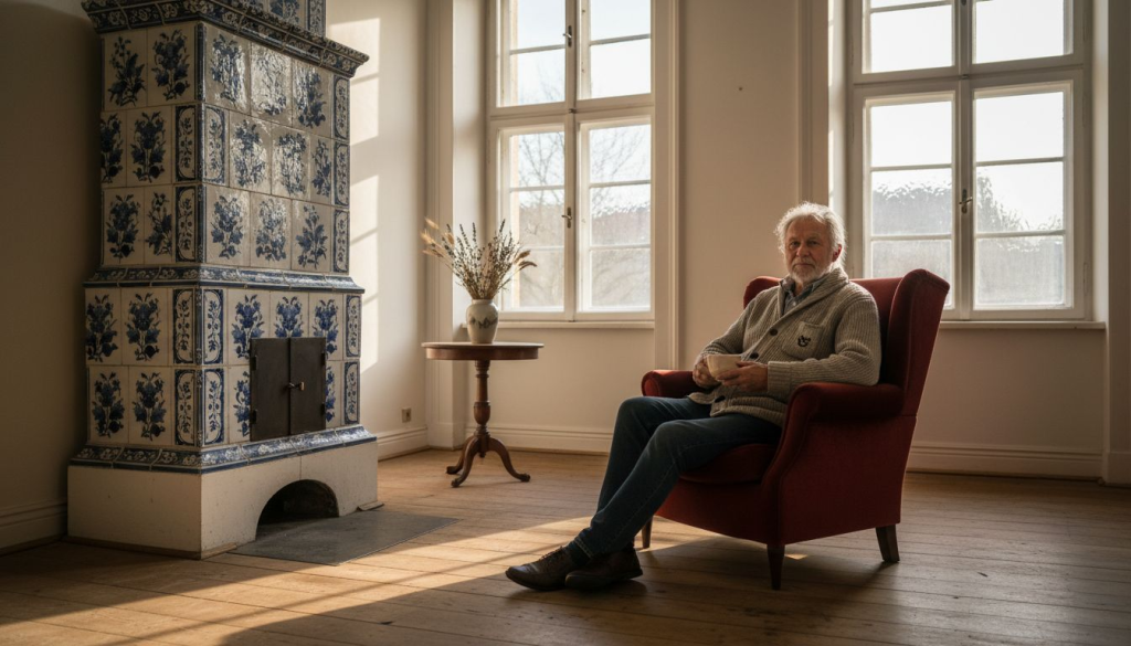 Wohnzimmer mit behaglicher Atmosphäre und traditionellem Kachelofen