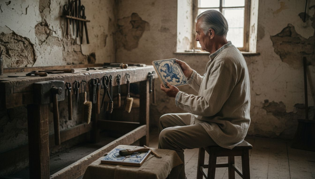 Ein Fachmann begutachtet eine antike Kachel auf mögliche Beschädigungen.