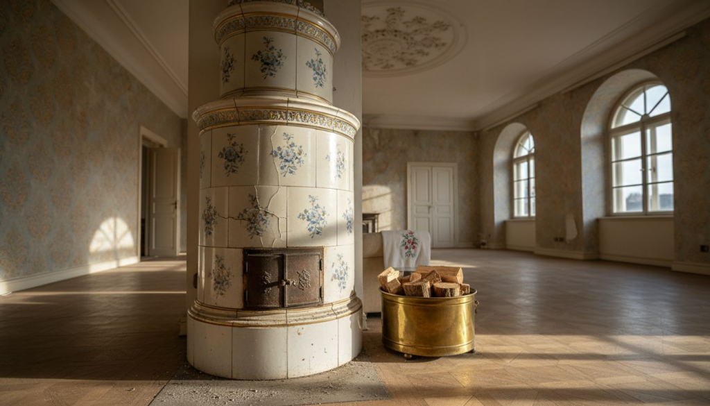 Prächtiger Barock-Kachelofen als Blickfang im nostalgischen Wohnzimmer