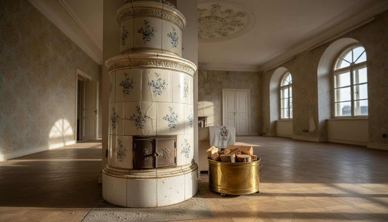 Prächtiger Barock-Kachelofen als Blickfang im nostalgischen Wohnzimmer