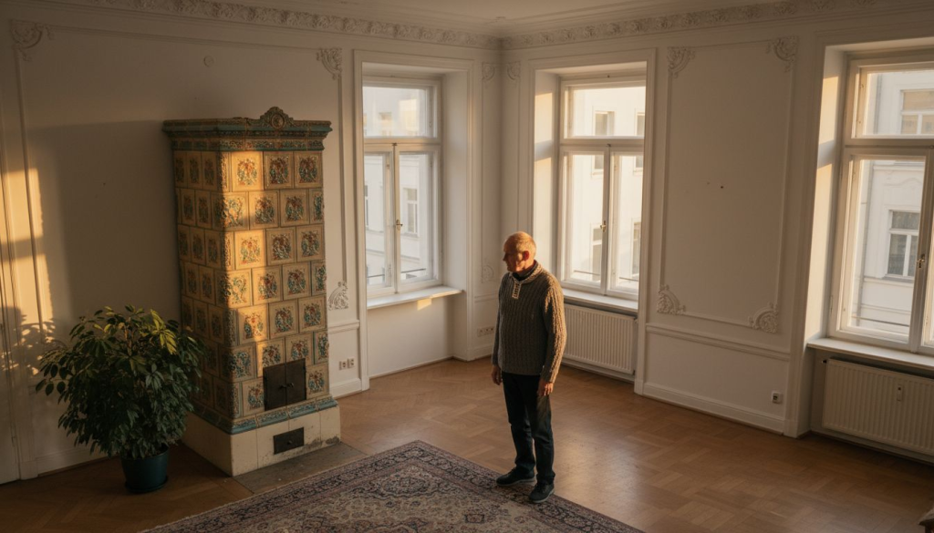 Ein liebevoll restaurierter Kachelofen verleiht dem Wohnzimmer im Altbau einen ganz besonderen Charme.