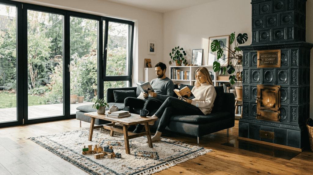 Ein historischer Kachelofen als Blickfang im modernen Wohnzimmer, dazu ein entspanntes Paar.