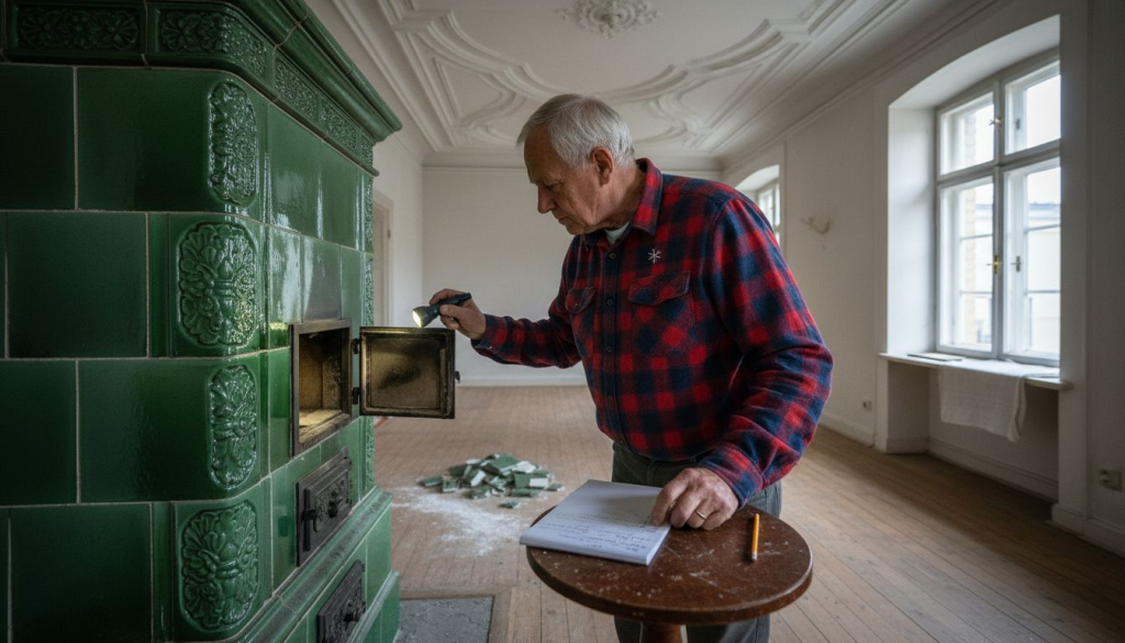 Ein Mann begutachtet den historischen Kachelofen in seiner Altbauwohnung.