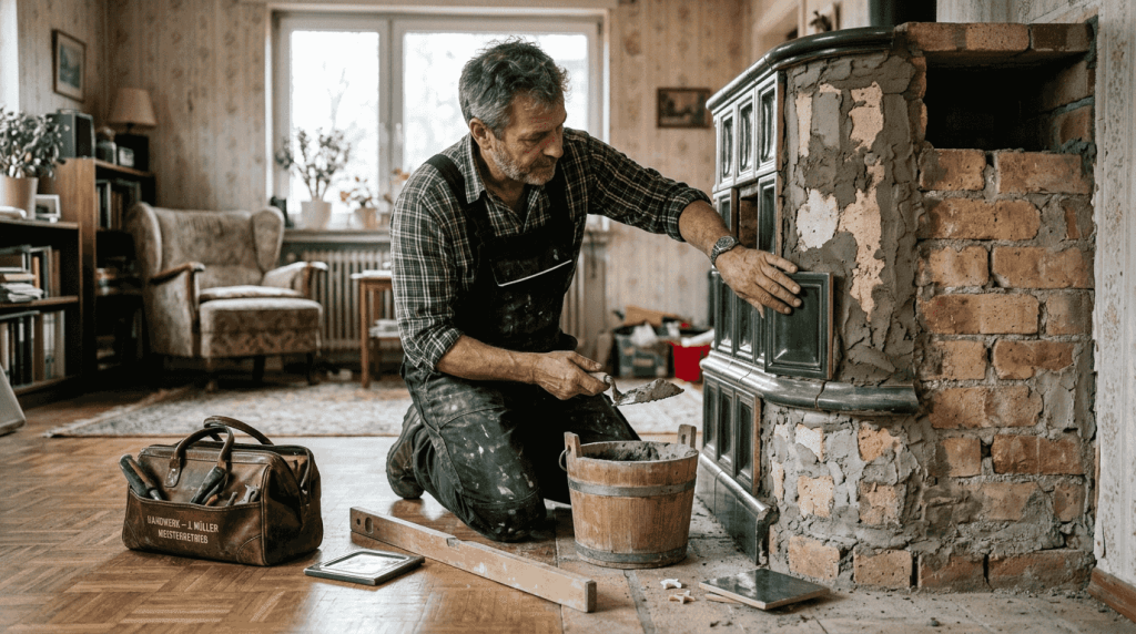 Im Wohnzimmer entsteht ein neuer Kachelofen – der Handwerker sorgt für fachgerechten Aufbau und gemütliche Wärme.