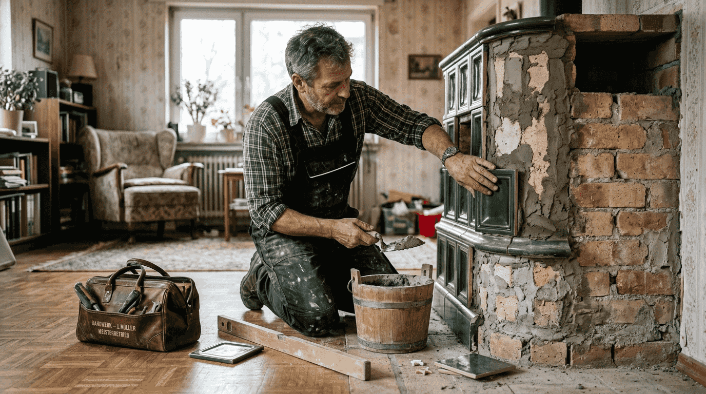 Im Wohnzimmer entsteht ein neuer Kachelofen – der Handwerker sorgt für fachgerechten Aufbau und gemütliche Wärme.