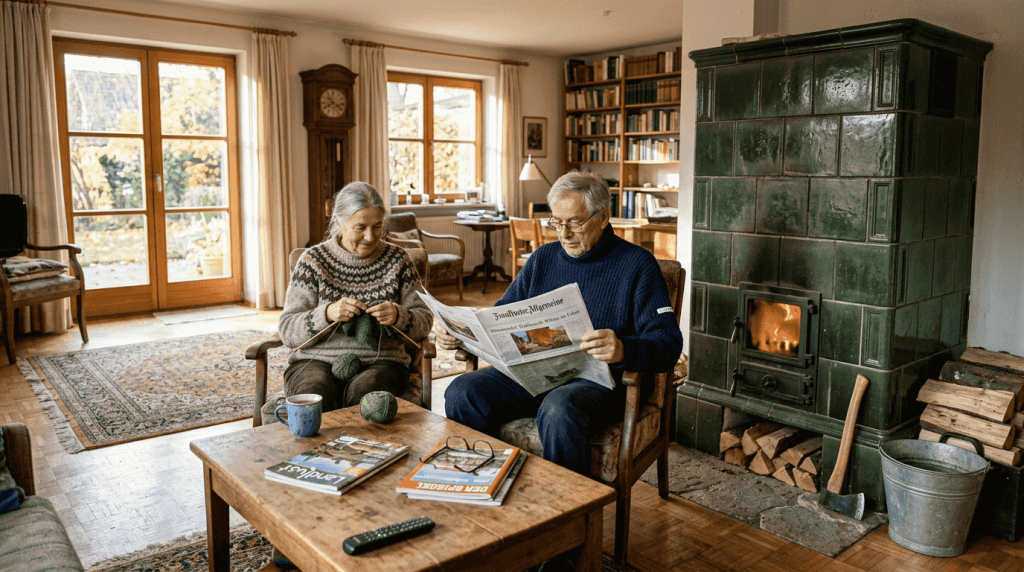 Ein traditioneller Kachelofen sorgt für gemütliche Wärme im sonnendurchfluteten Wohnzimmer.