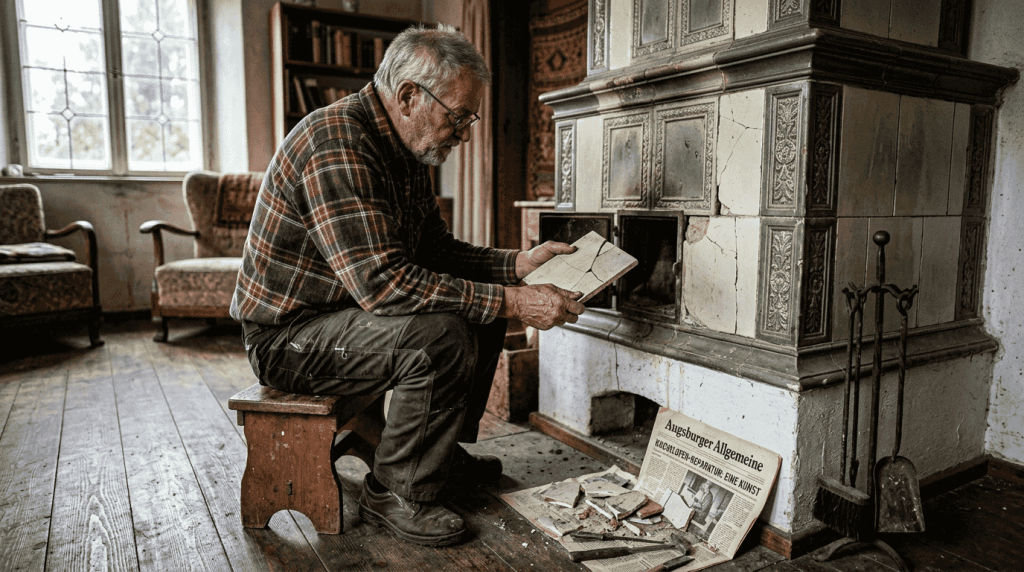 Ein Fachmann wirft einen genauen Blick auf den alten Kachelofen im Wohnzimmer.