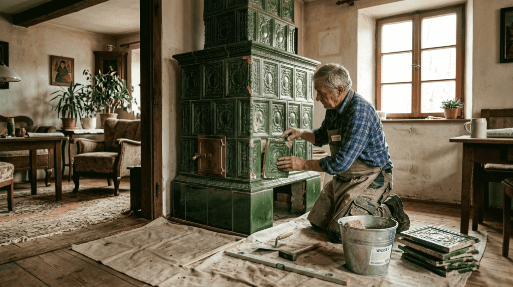 Ein erfahrener Handwerker setzt einen traditionellen Kachelofen im Wohnzimmer eines Altbaus fachgerecht ein.