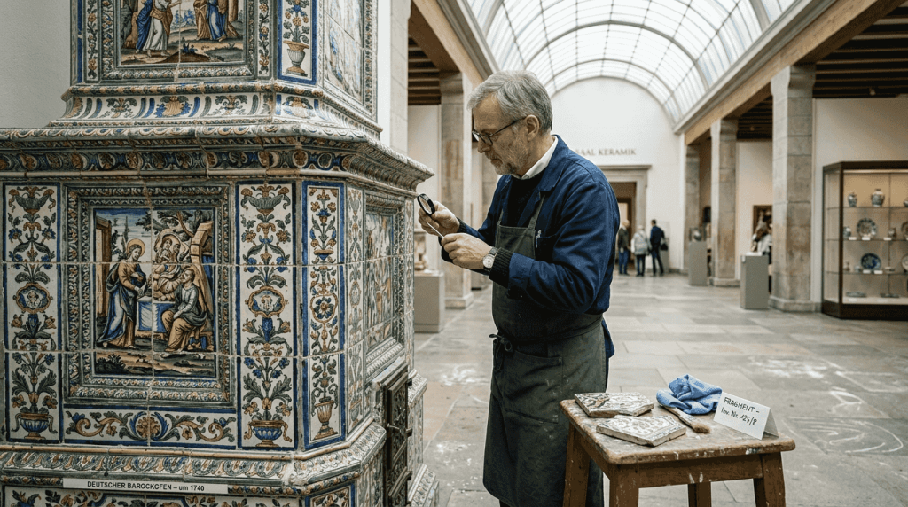 Ein Restaurator nimmt im Museum einen historischen Kachelofen aus nächster Nähe unter die Lupe.