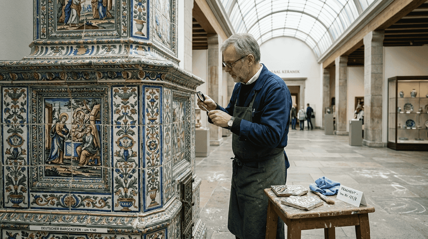 Ein Restaurator nimmt im Museum einen historischen Kachelofen aus nächster Nähe unter die Lupe.