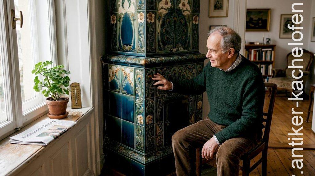 Ein älterer Herr steht im Wohnzimmer und bestaunt den Jugendstil-Kachelofen.