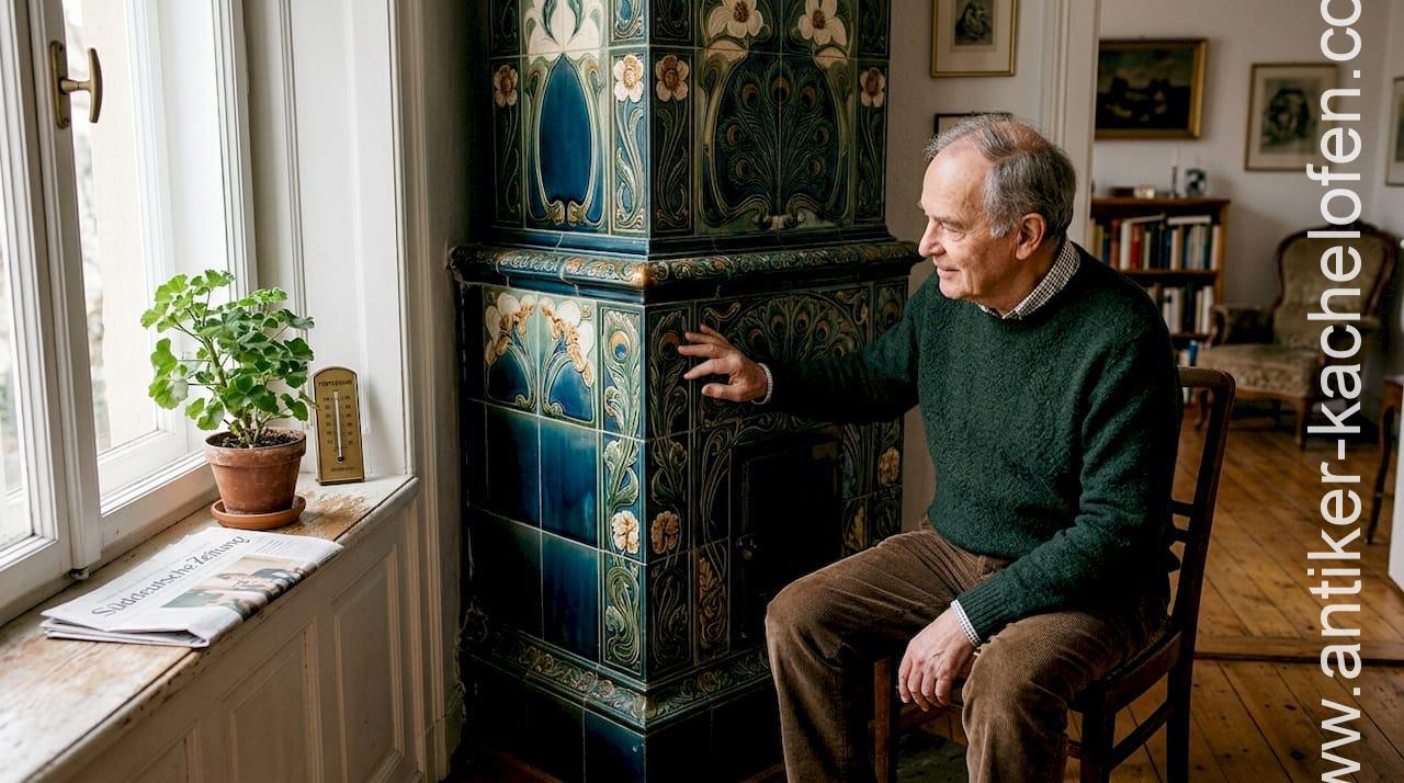 Ein älterer Herr steht im Wohnzimmer und bestaunt den Jugendstil-Kachelofen.