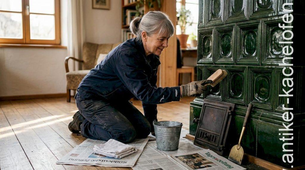 Im Wohnzimmer kümmert sich jemand liebevoll um den alten Kachelofen und sorgt dafür, dass er weiterhin zuverlässig Wärme spendet.
