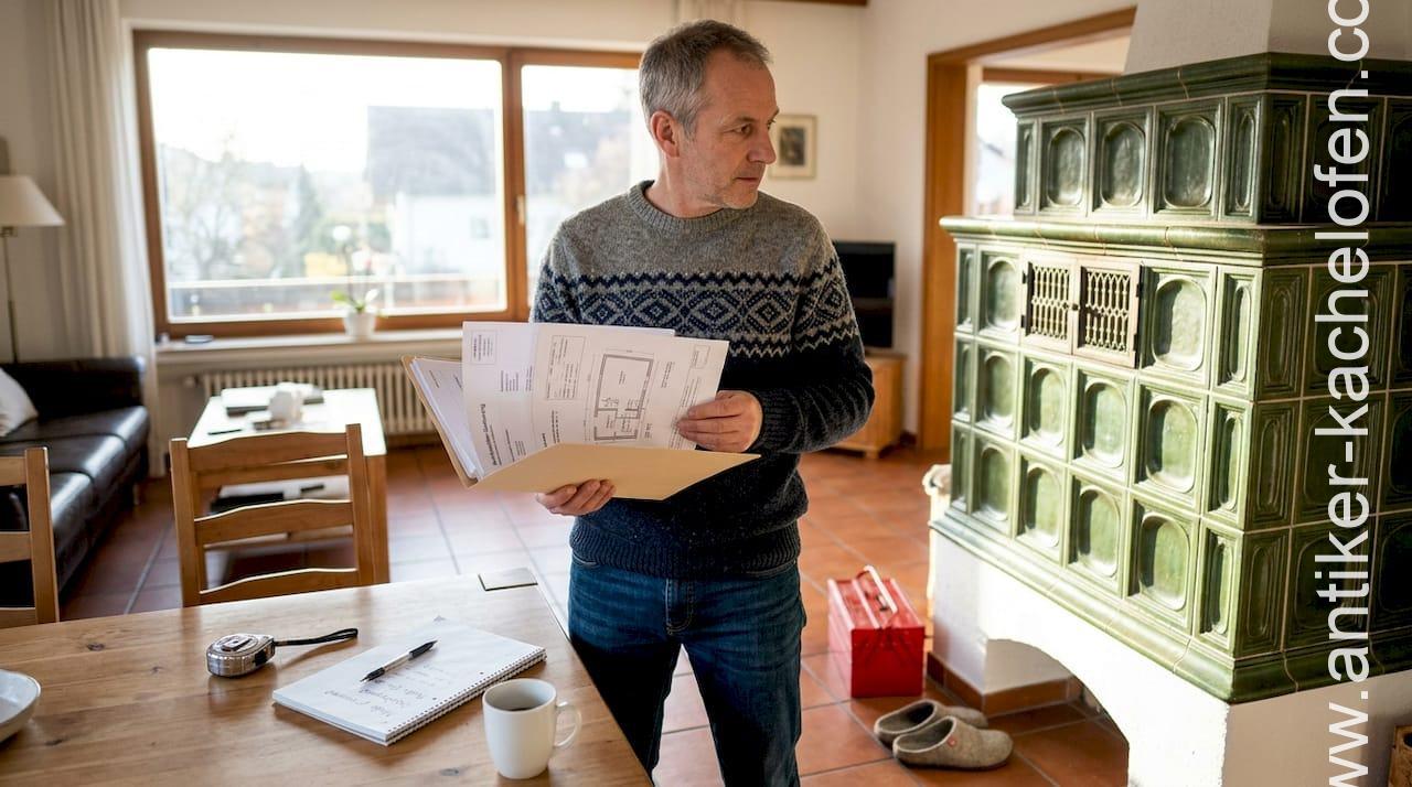 Hausbesitzer prüft Pläne zur Modernisierung seines Kachelofens