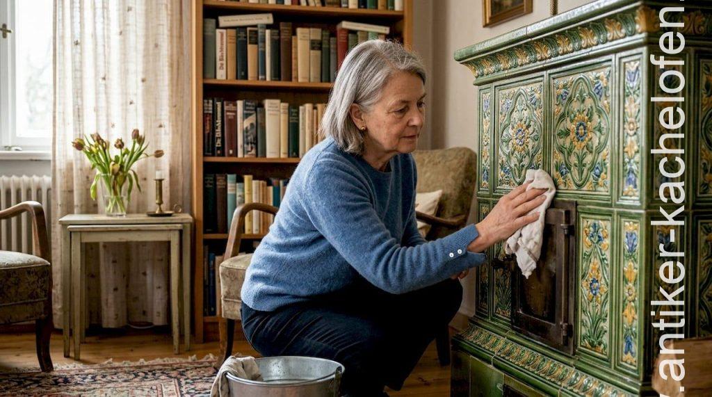 Im Wohnzimmer werden die alten Ofenkacheln liebevoll gereinigt.
