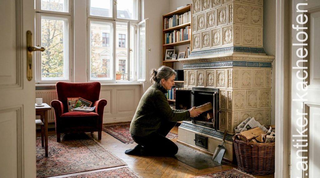 Sorgfältig restaurierter Kachelofen in einem liebevoll bewohnten Raum