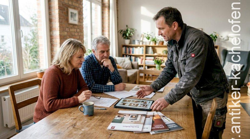 Ein Paar informiert sich zu Hause gemeinsam über verschiedene Kachelofen-Modelle und überlegt, welche Variante am besten zum eigenen Wohnstil passt.