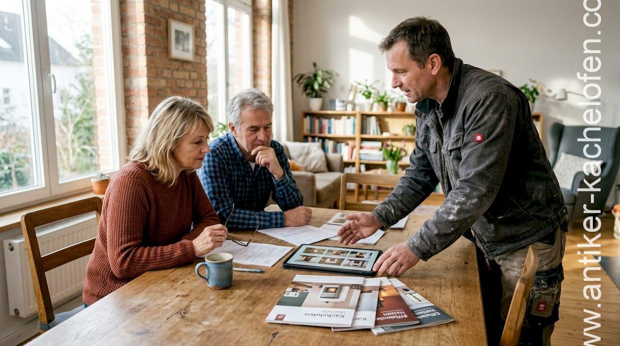 Ein Paar informiert sich zu Hause gemeinsam über verschiedene Kachelofen-Modelle und überlegt, welche Variante am besten zum eigenen Wohnstil passt.