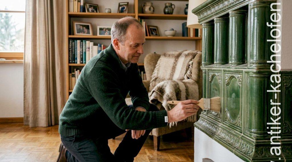 Ein Mann putzt die Rollenkacheln seines Kachelofens zu Hause.