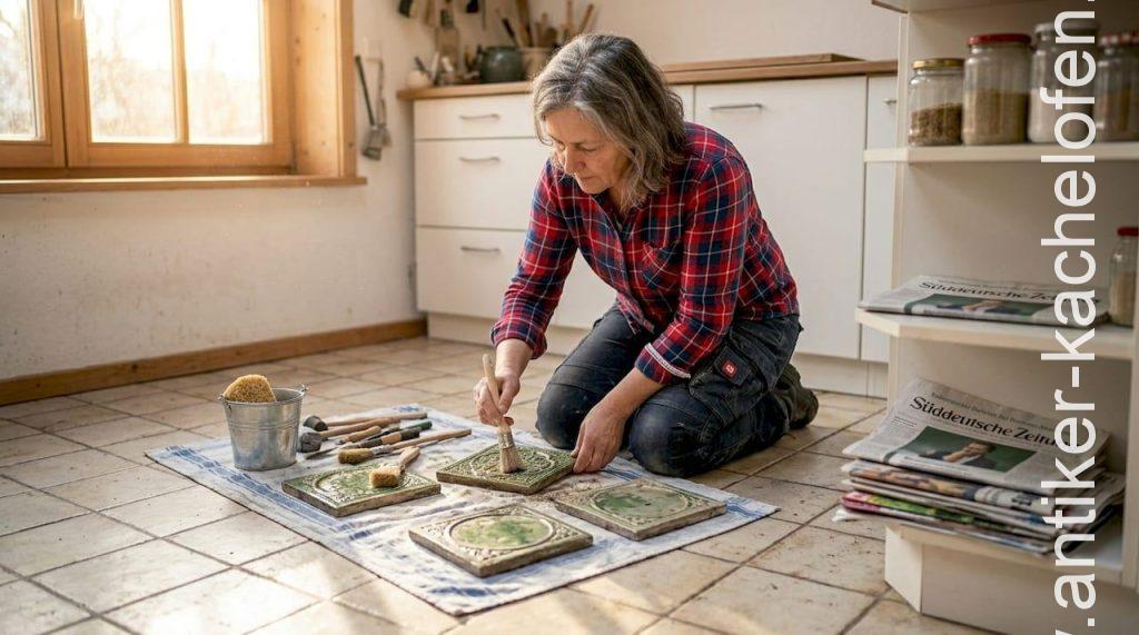 Eine Frau putzt liebevoll die alten Kacheln am Küchenofen.