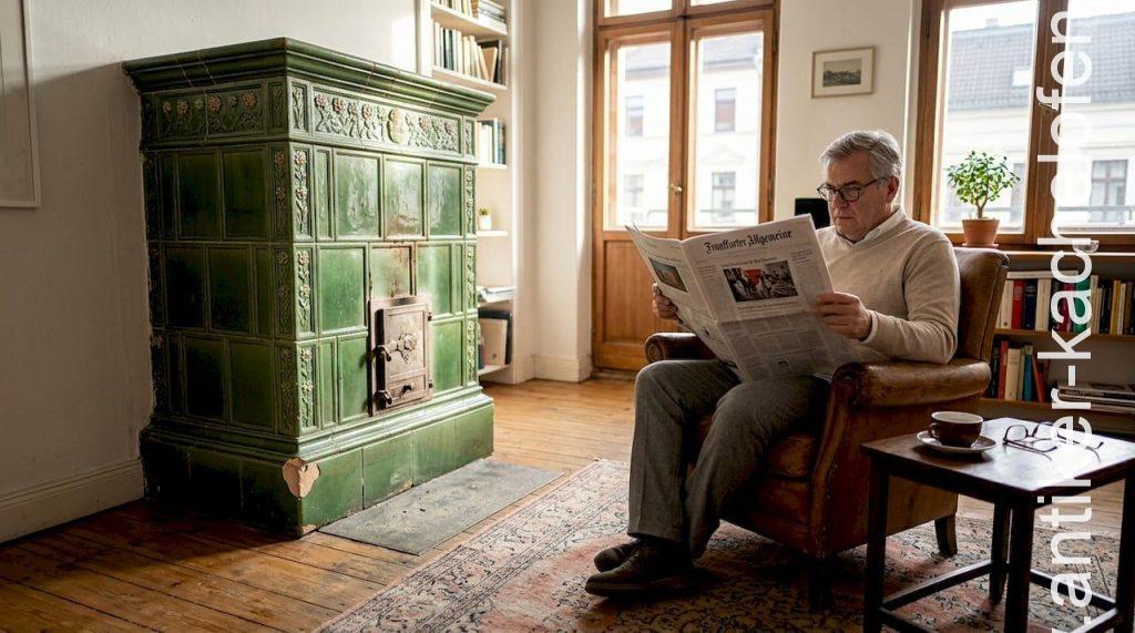 Gemütliches Wohnzimmer im Altbau mit historischem Kachelofen