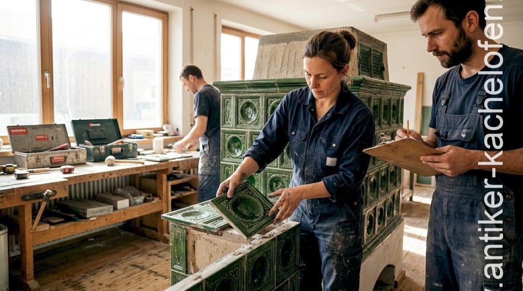 Ein erfahrenes Handwerkerteam setzt einen historischen Kachelofen fachgerecht zusammen.