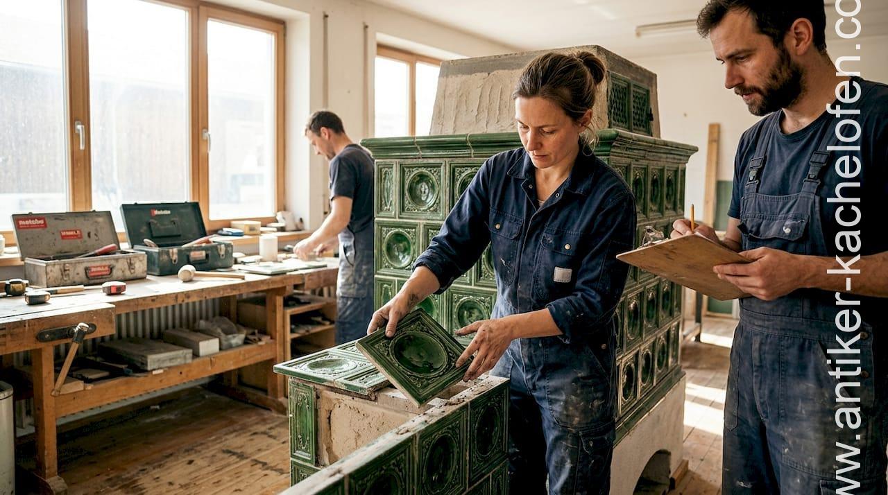 Ein erfahrenes Handwerkerteam setzt einen historischen Kachelofen fachgerecht zusammen.