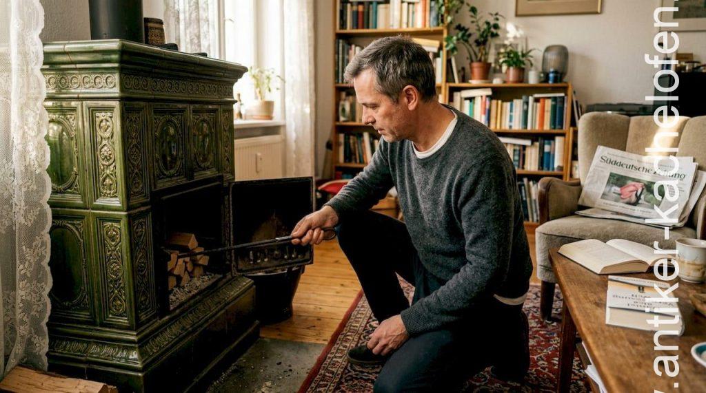 Ein Mann zündet im Wohnzimmer den holzbefeuerten Kachelofen an.