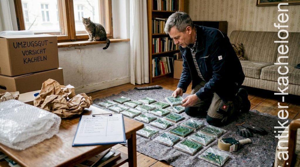 Ein Logistikmitarbeiter begutachtet sorgfältig alte Kacheln eines historischen Ofens.