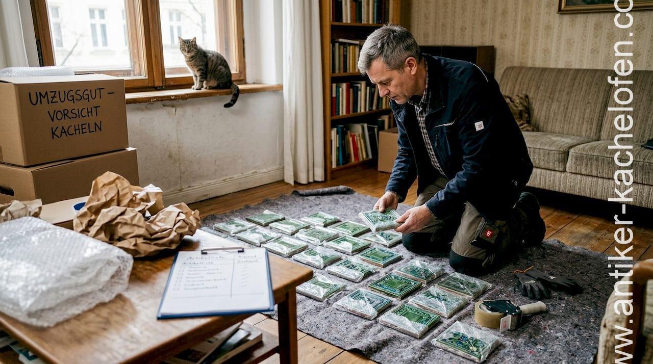 Ein Logistikmitarbeiter begutachtet sorgfältig alte Kacheln eines historischen Ofens.