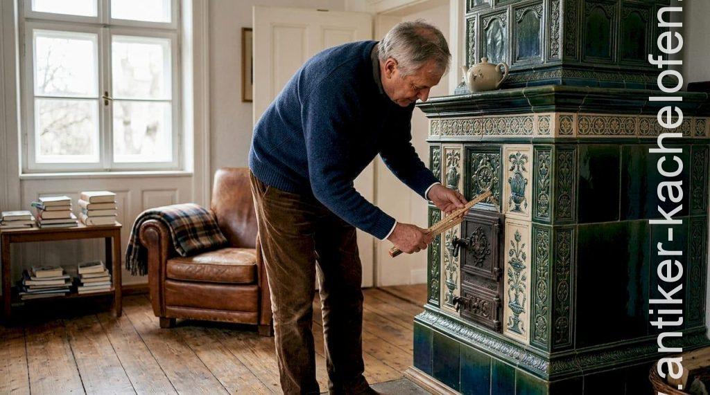 Ein Mann begutachtet den alten Kachelofen im Wohnzimmer.