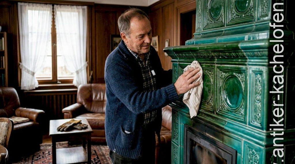 Ein Handwerker reinigt einen antiken Kachelofen mit grüner Glasur.