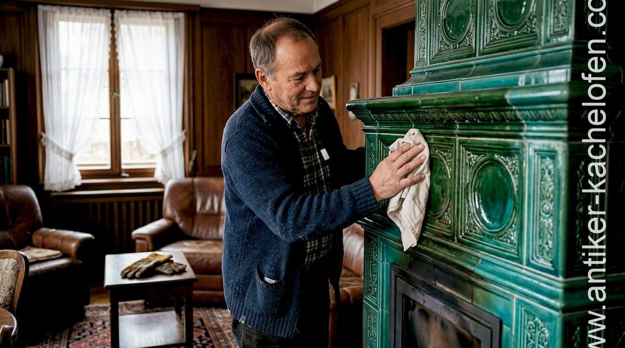 Ein Handwerker reinigt einen antiken Kachelofen mit grüner Glasur.