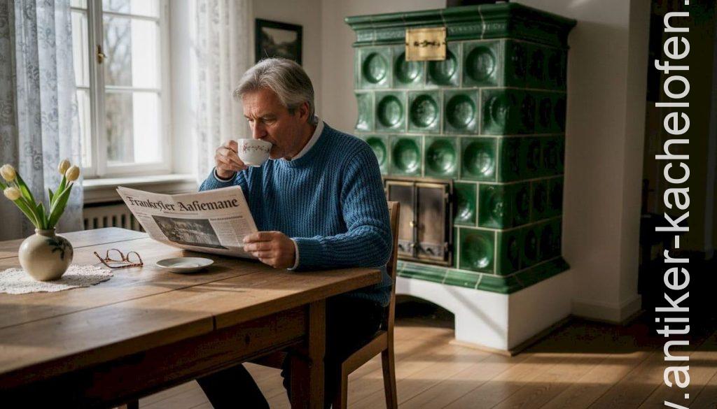 Ein Mann sitzt gemütlich im Wohnzimmer und liest entspannt am Kachelofen.