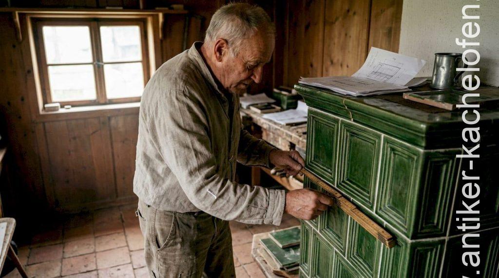 Ein Handwerker nimmt in seiner Werkstatt Maß an einem alten Kachelofen.