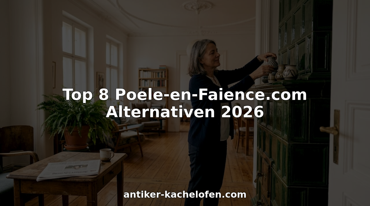 Eine Frau dekoriert einen antiken Kachelofen mit Keramikgefäßen.