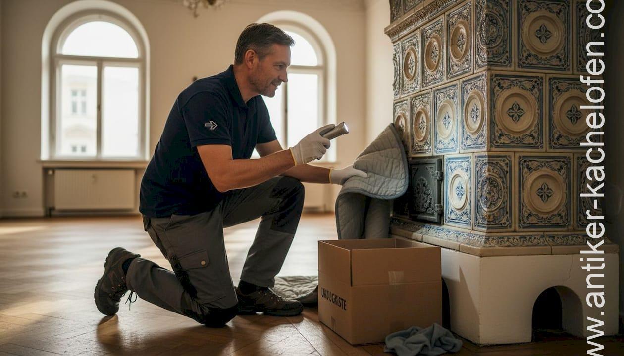 Ein Fachmann für Transporte begutachtet einen historischen Kachelofen.