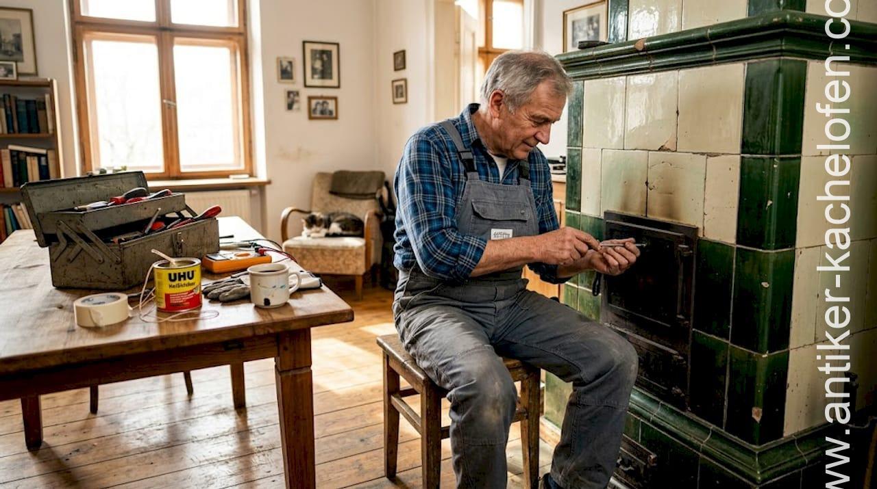 Ein Fachmann wirft einen prüfenden Blick auf den alten Kachelofen im Wohnzimmer.