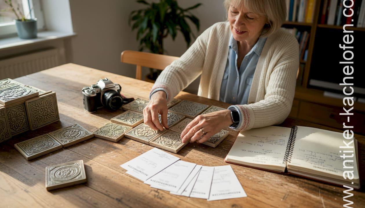 Eine Frau ordnet alte Kachelöfen auf einem Tisch und begutachtet die historischen Fliesen.