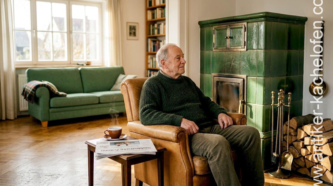 Gemütliches Wohnzimmer mit historischem Kachelofen – hier fühlt sich der Bewohner richtig wohl.