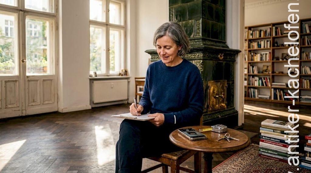 Eine Frau begutachtet den alten Kachelofen in ihrem Wohnzimmer.