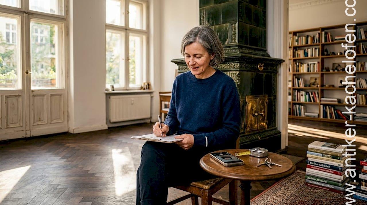 Eine Frau begutachtet den alten Kachelofen in ihrem Wohnzimmer.