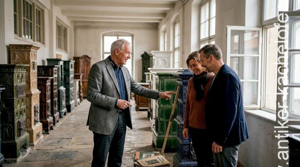 Im Ausstellungsraum führt ein Fachberater verschiedene Kachelöfen vor.