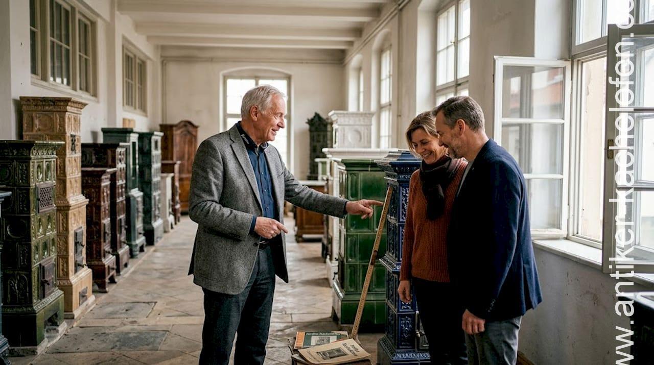 Im Ausstellungsraum führt ein Fachberater verschiedene Kachelöfen vor.