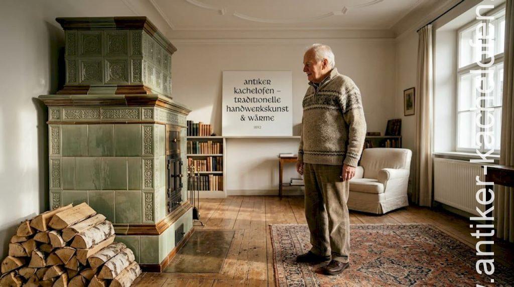 Ein Mann steht im historischen Wohnzimmer und betrachtet interessiert den alten Kachelofen.